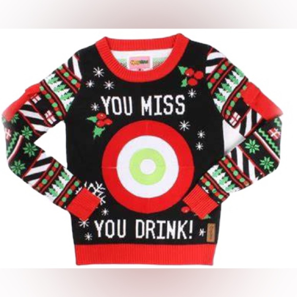 TIPSY ELVES ugly Christmas holiday sweater bullseye drinking game unisex NWOT